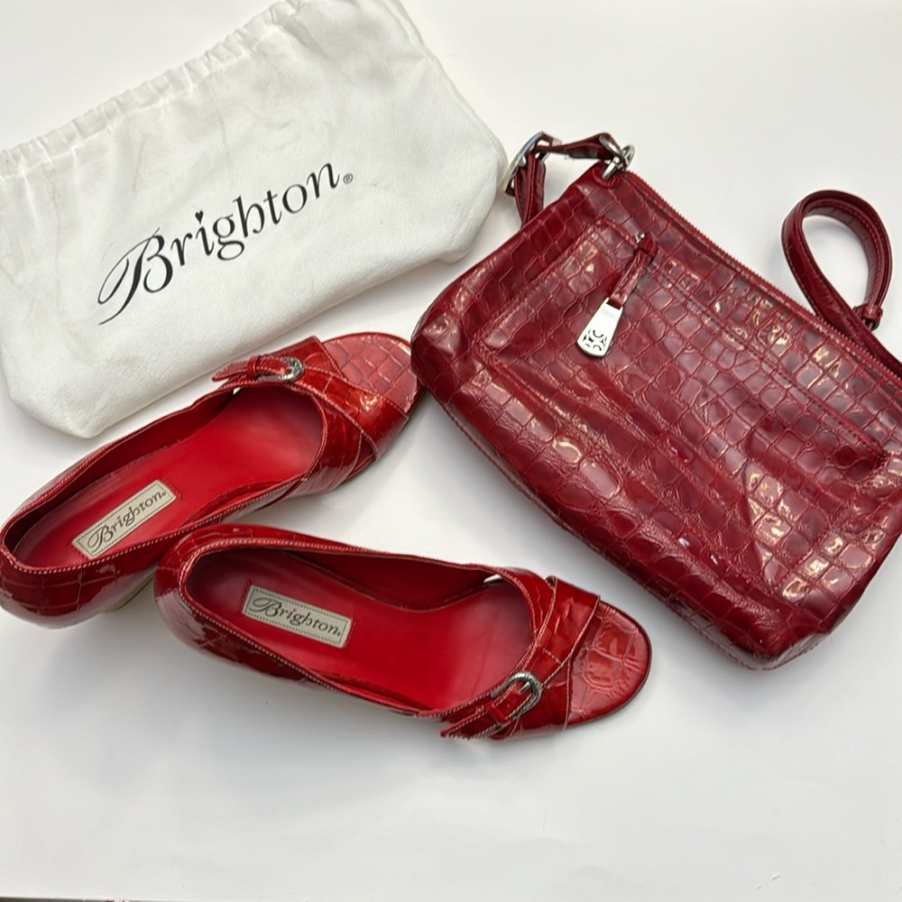 Beautiful, red wedge, Brighton shoes with matching purse